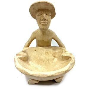 Old Vintage Hand Carved Wooden Ashtray Asian Man Holding Washing Bowl or Ashtray
